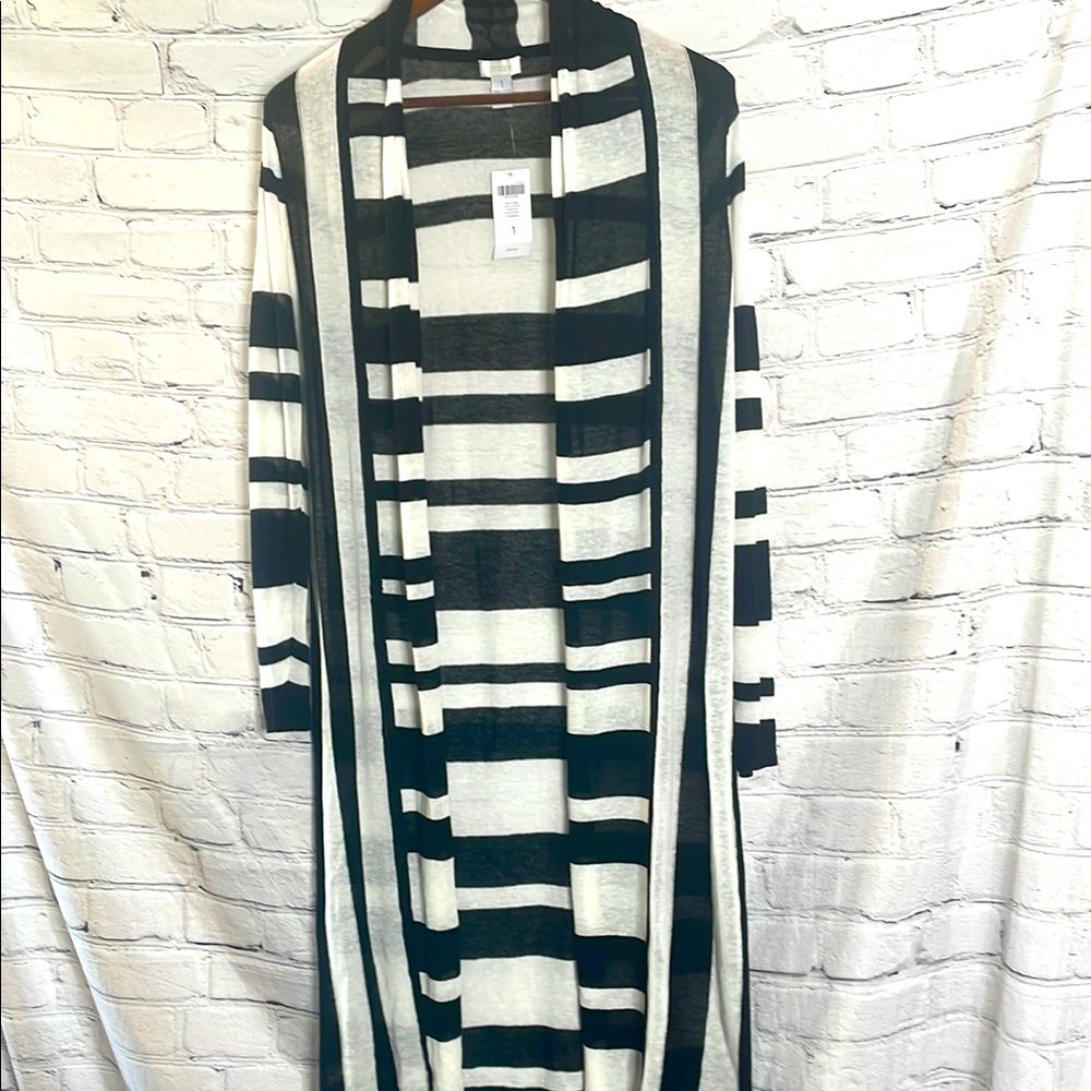 Chico’s Black White Striped Nola Duster Cardigan Sweater Size Small